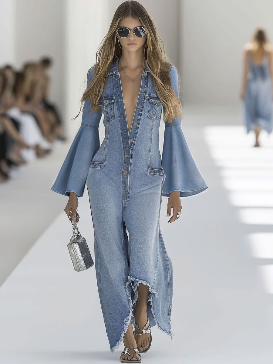 Light blue denim flared long sleeve wide-leg jumpsuit for women by Christine Brewer, shown with full-length view and stylish design.