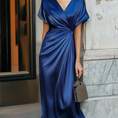 Christine Brewer loose short sleeve evening dress with asymmetric design, solid color, split-joint V-neck, elegant and stylish.
