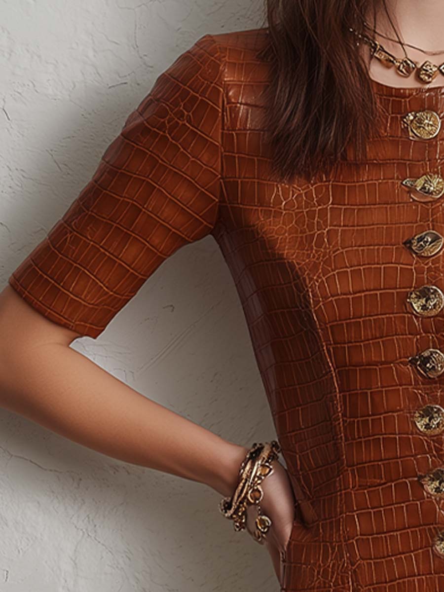 Caramel croc-embossed faux leather midi dress by Christine Brewer, showing a stylish dress with textured crocodile pattern.