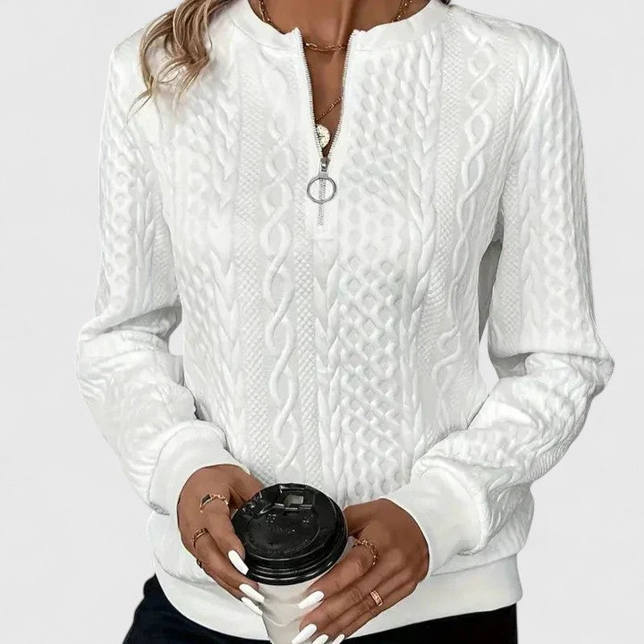 Christine Brewer Natalie women's knit sweater, close-up showing soft fabric and classic design in a neutral color.