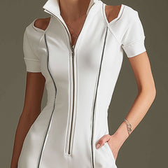 White cotton blend short sleeve wide-leg jumpsuit for women by Christine Brewer, displayed on a hanger.