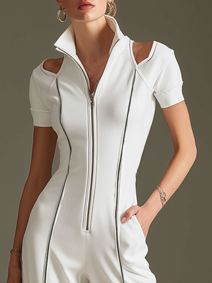 White cotton blend short sleeve wide-leg jumpsuit for women by Christine Brewer, displayed on a hanger.