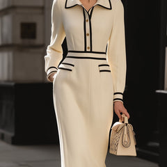 Contrast-trim midi dress with button details for women by Christine Brewer, showcasing a stylish dress with a fitted silhouette.