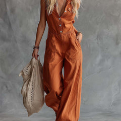 Rust orange cotton sleeveless western jumpsuit with V-neck and pants for women, by Christine Brewer.