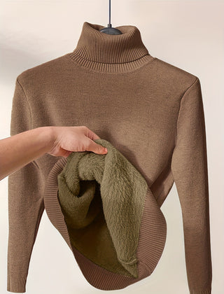 Women’s Peyton turtleneck sweater by Christine Brewer in cozy knit, shown in a neutral color with a close-up of the fabric texture.