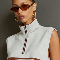 Retro sporty grey and white sleeveless sweatshirt and shorts set by Christine Brewer, casual athleticwear for women.