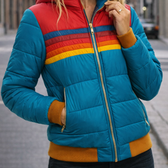 Christine Brewer Clara hooded quilted puffer jacket for women, showing the insulated, quilted design with hood and front zipper.