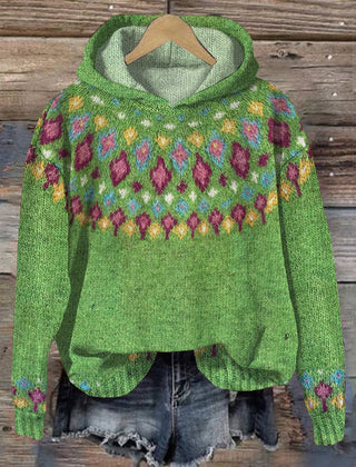 Elsie Nordic hoodie for women from Christine Brewer's #1752 Collection, featuring a cozy knit design and Nordic pattern in neutral tones.