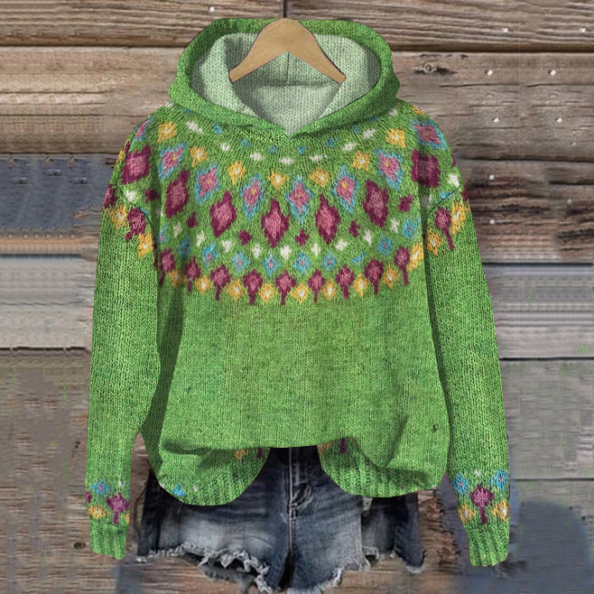 Elsie Nordic hoodie for women from Christine Brewer's #1752 Collection, featuring a cozy knit design and Nordic pattern in neutral tones.
