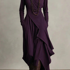 Solid color high-neck long-sleeved casual maxi dress by Christine Brewer, featuring an irregular hem and relaxed fit.