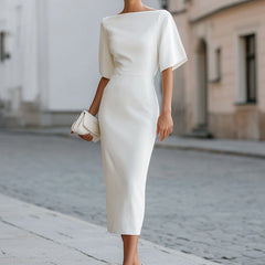 Christine Brewer boat-neck short-sleeve midi dress for women, lightweight and stylish, shown on a model.