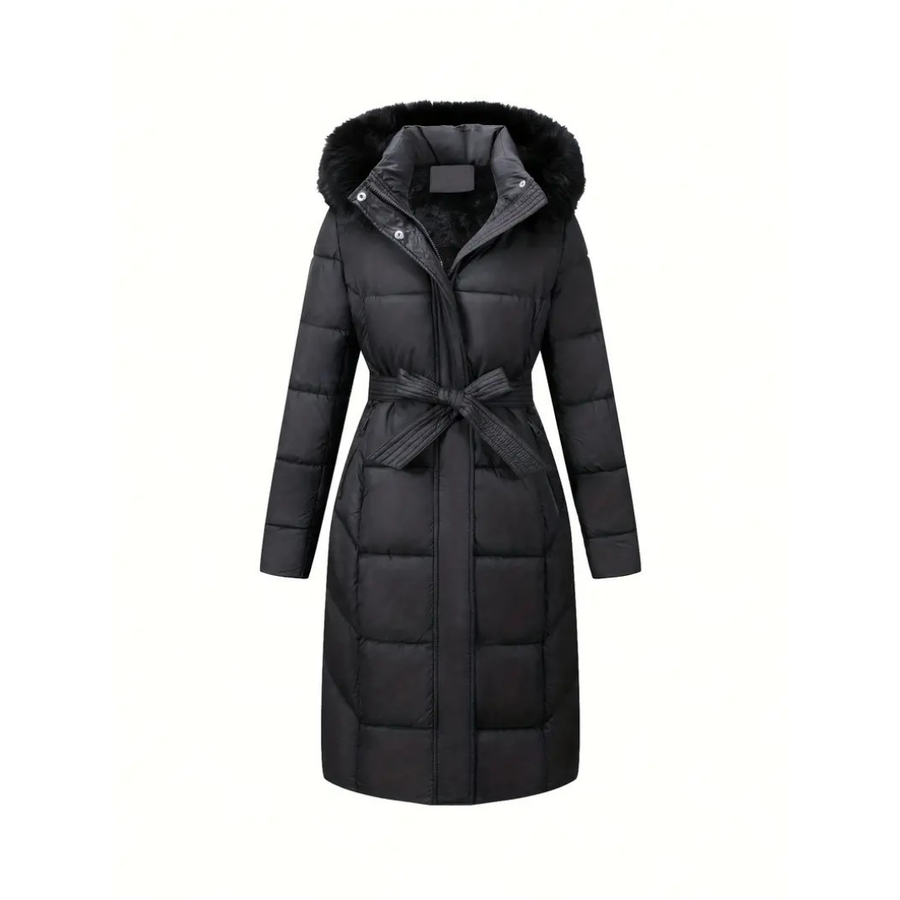 Disa | Women's Puffer Coat Black Faux Fur Hood Belted Warm Winter Zip-Up
