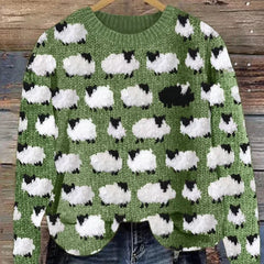 Stylish Christmas sweater for women featuring festive design, by Christine Brewer, modeled by a woman in a cozy indoor setting.