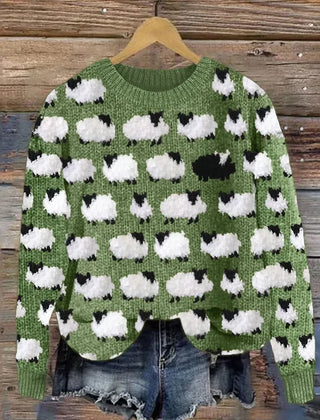 Stylish Christmas sweater for women featuring festive design, by Christine Brewer, modeled by a woman in a cozy indoor setting.