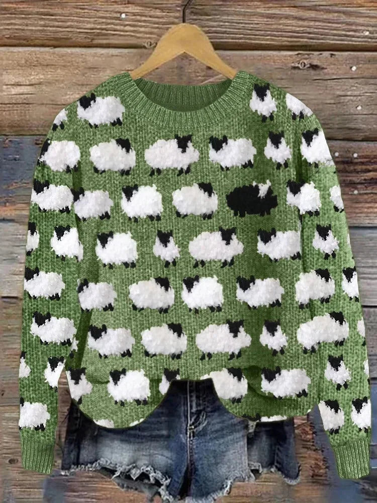 Stylish Christmas sweater for women featuring festive design, by Christine Brewer, modeled by a woman in a cozy indoor setting.