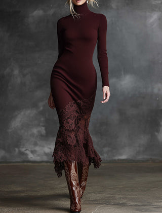 Burgundy lace maxi dress by Christine Brewer featuring elegant evening dress design with intricate lace details.