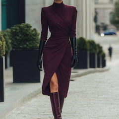 Deep burgundy draped wrap midi dress by Christine Brewer, featuring elegant fabric and stylish design for summer business wear.