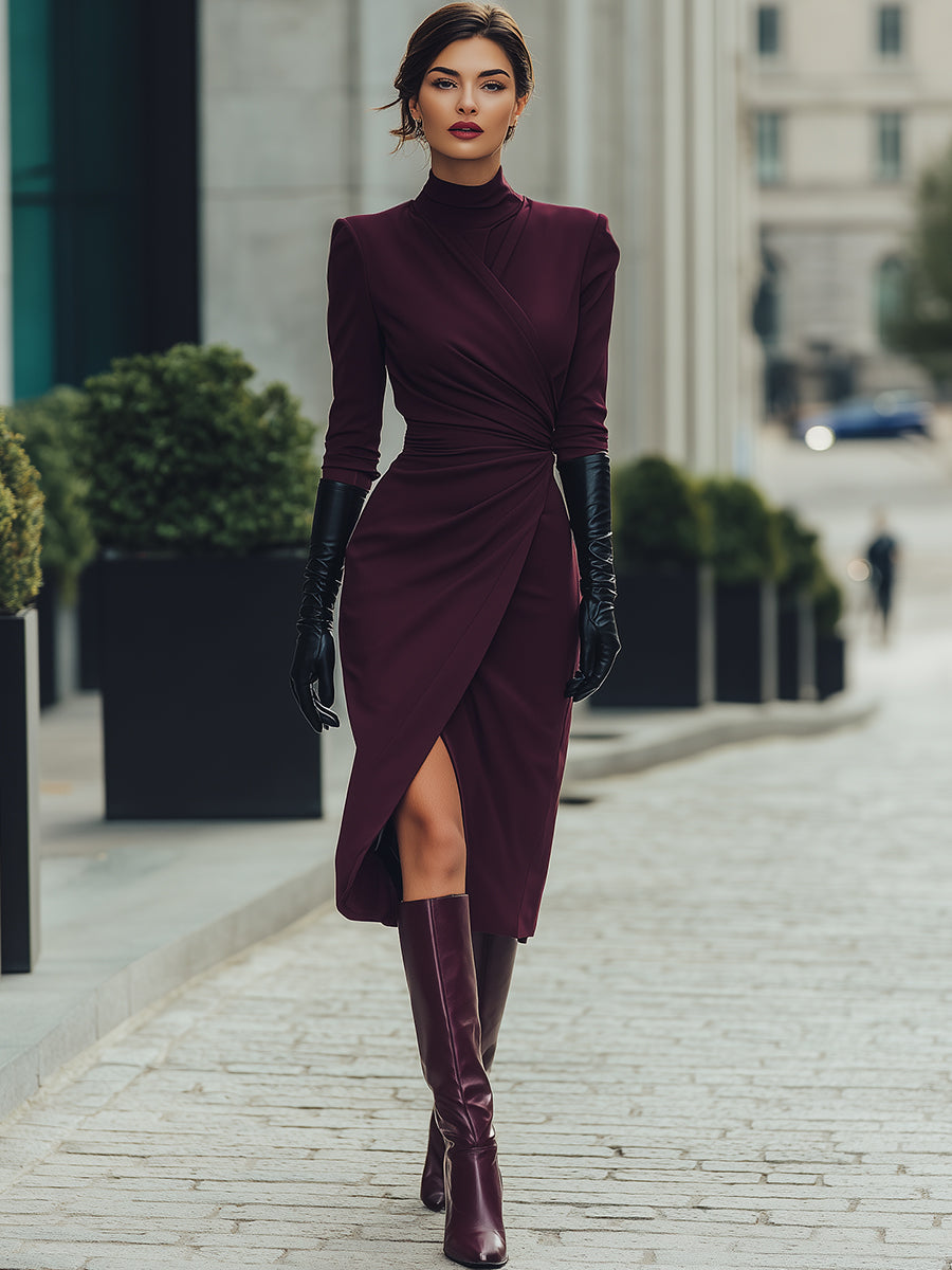 Deep burgundy draped wrap midi dress by Christine Brewer, featuring elegant fabric and stylish design for summer business wear.