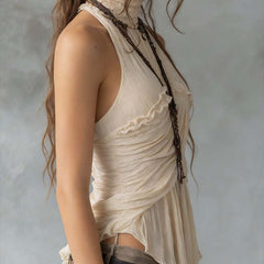 Ivory pleated halter neck chiffon sleeveless blouse for women by Christine Brewer, featuring elegant pleats and a flowy design.