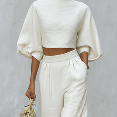 Cream textured lantern sleeve two-piece set for women featuring pants from Christine Brewer, stylish and comfortable for everyday wear.