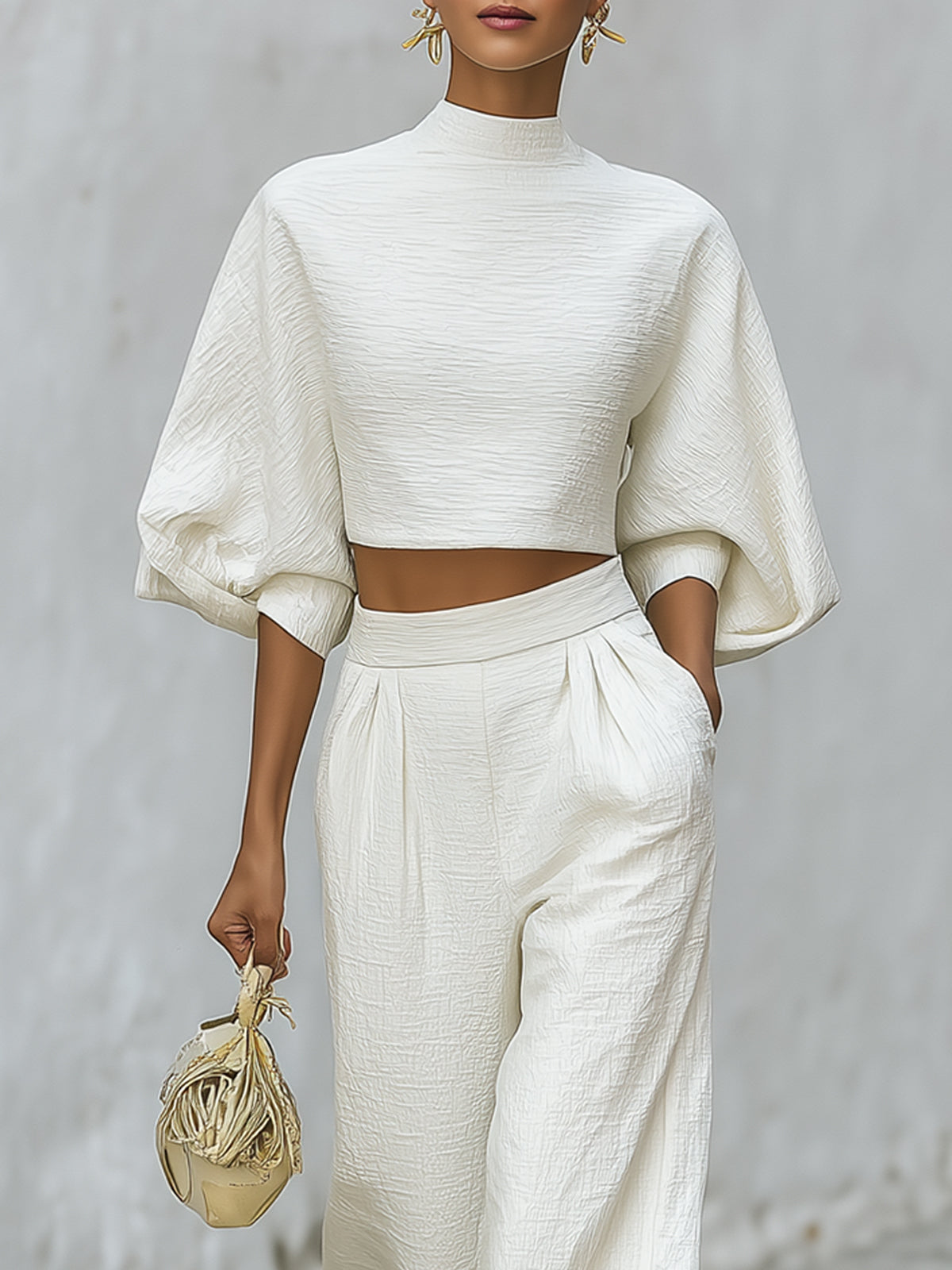 Cream textured lantern sleeve two-piece set for women featuring pants from Christine Brewer, stylish and comfortable for everyday wear.