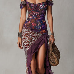 Leopard-print maxi dress for women by Christine Brewer, flowing dress with bold animal print fabric and sleeveless design.