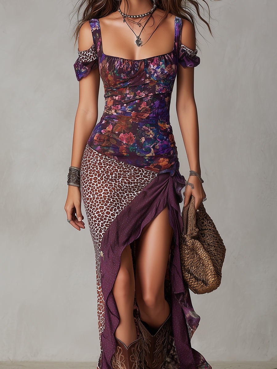Leopard-print maxi dress for women by Christine Brewer, flowing dress with bold animal print fabric and sleeveless design.