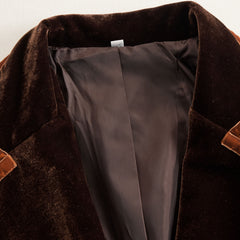 Brown velvet colour-block lapel coat with pockets by Christine Brewer, showcasing a stylish, tailored outerwear design.