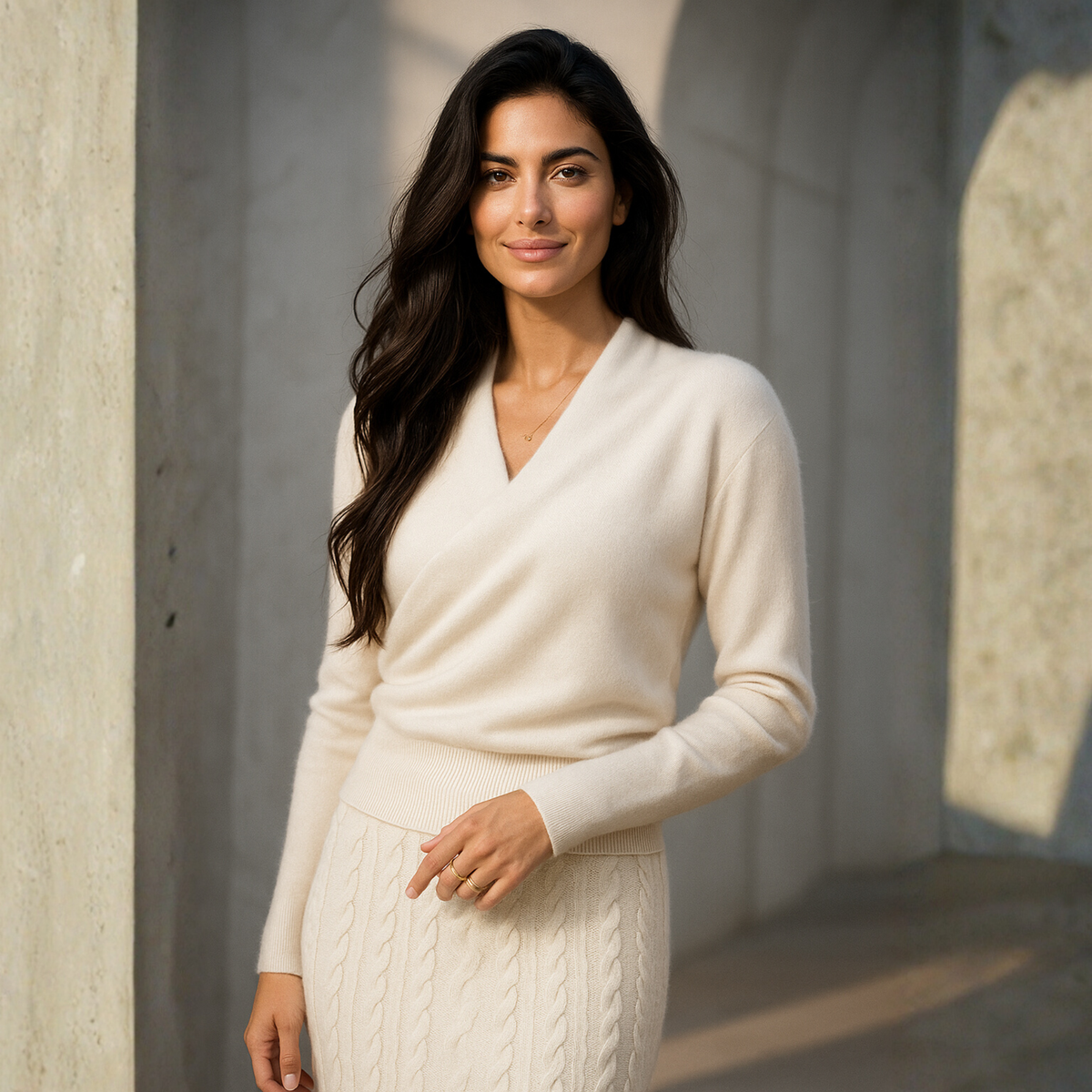 Cream-colored Helen cashmere sweater for women by Christine Brewer, featuring a soft, cozy knit and relaxed fit.
