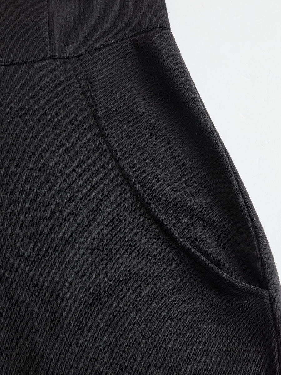 Black striped sleeveless hooded jumpsuit for women by Christine Brewer, featuring a relaxed fit and stylish design.