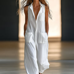 White linen sleeveless wide-leg jumpsuit for women by Christine Brewer, showing the stylish and comfortable pants style.