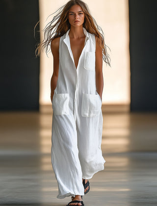 White linen sleeveless wide-leg jumpsuit for women by Christine Brewer, showing the stylish and comfortable pants style.