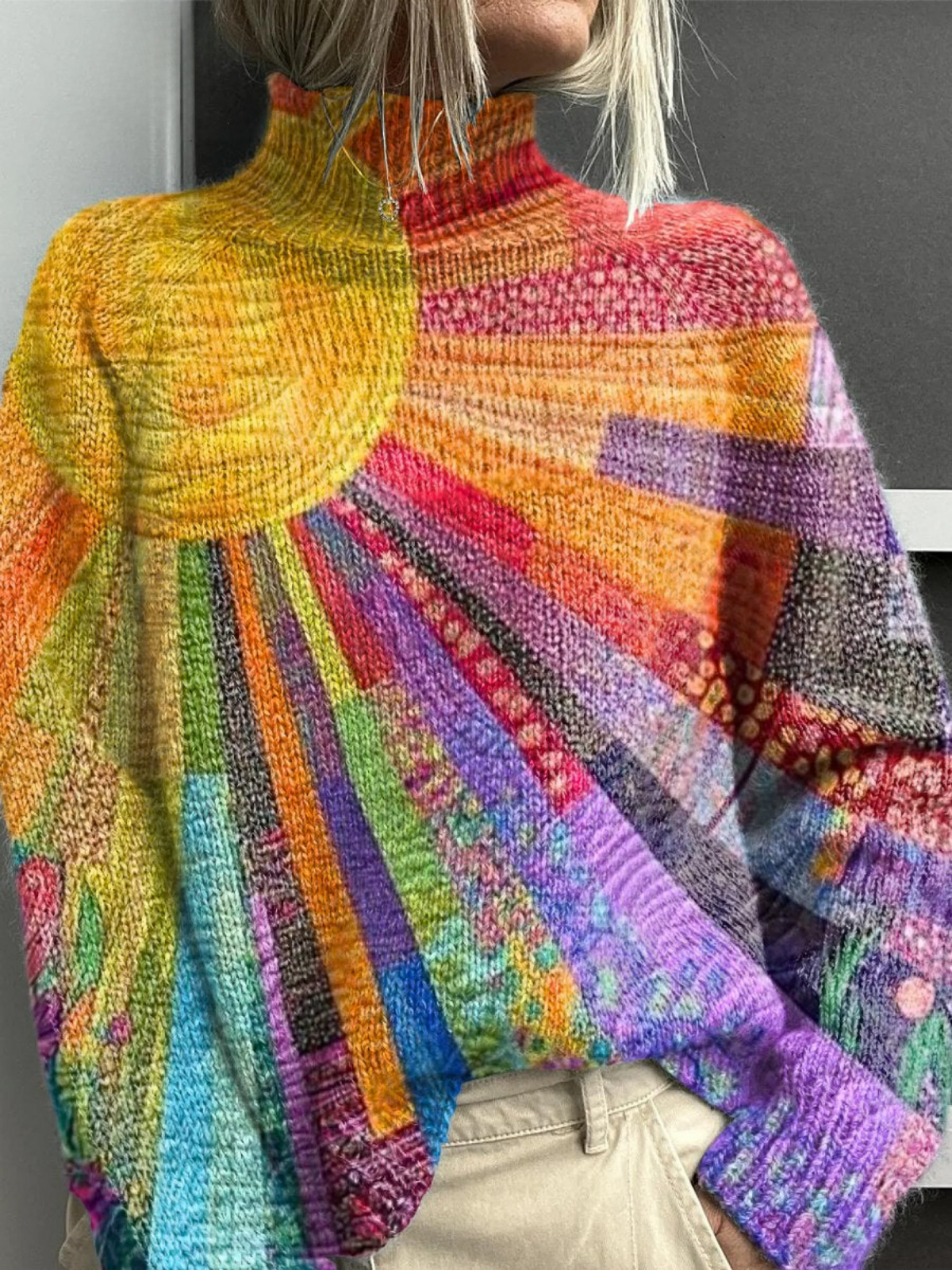 Christine Brewer Eden women's turtleneck graphic sweater with colorful design, cozy knit, and stylish fit.