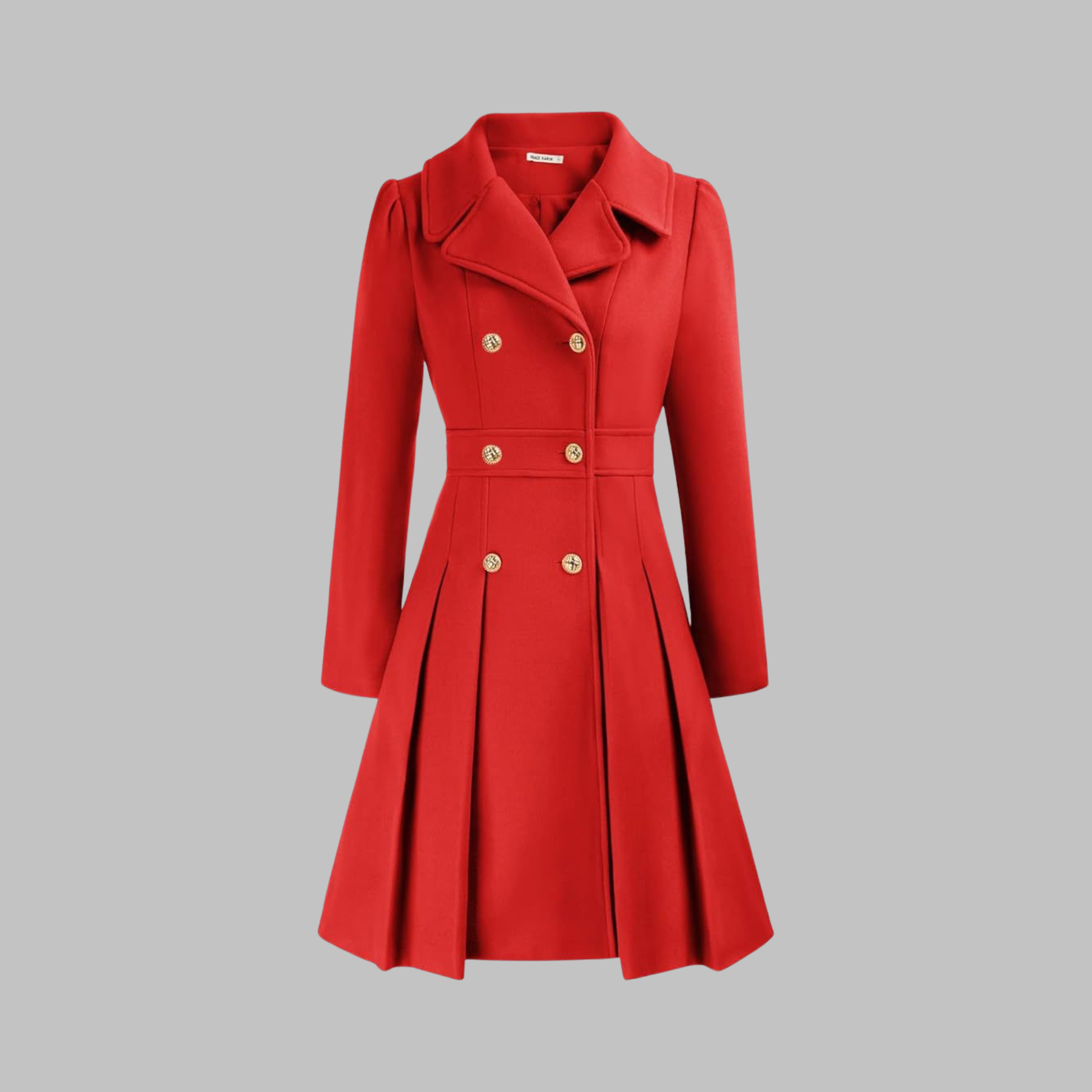Elegant long sleeve coat by Christine Brewer featuring double buttons, tailored fit, and classic style for sophisticated winter wear.