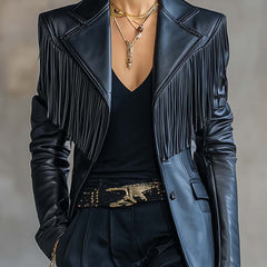 Black faux leather blazer with tassel details and notch lapel, stylish jacket from Christine Brewer.