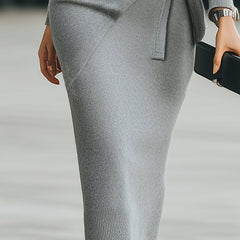 Grey knit side-tie bodycon midi dress by Christine Brewer, summer business dress with a fitted silhouette and side tie detail.