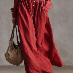 Red linen maxi dress by Christine Brewer, casual sleeveless dress with flowing silhouette and relaxed fit.