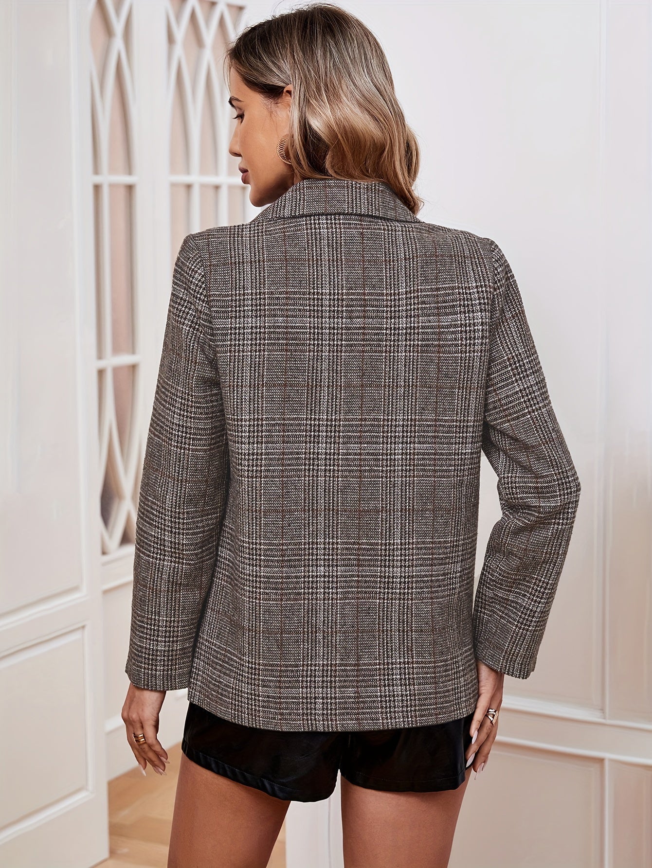 Gabriella women's plaid long sleeve casual blazer by Christine Brewer, featuring a tailored fit and classic plaid pattern.