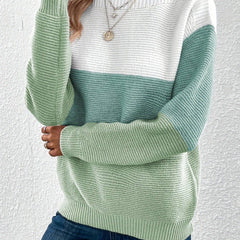 Jessica patchwork sweater for women by Christine Brewer, featuring colorful patchwork knit and long sleeves, casual style.