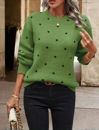 Shelby polka dot sweater for women by Christine Brewer, featuring a classic black and white polka dot pattern and cozy knit fabric.