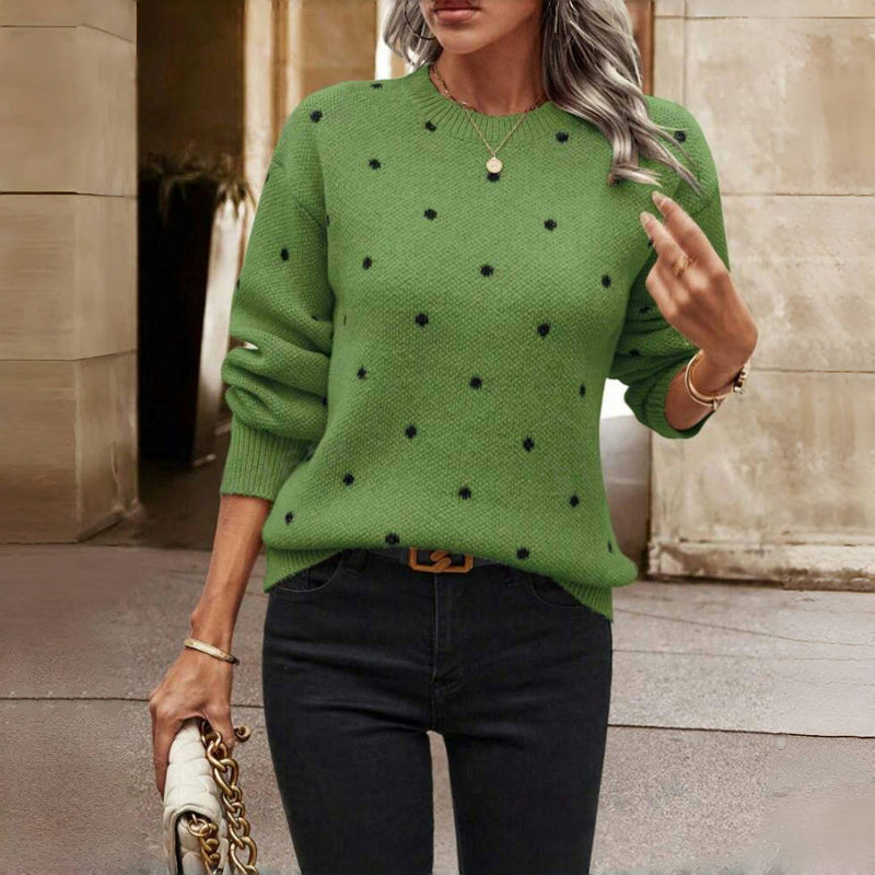 Shelby polka dot sweater for women by Christine Brewer, featuring a classic black and white polka dot pattern and cozy knit fabric.