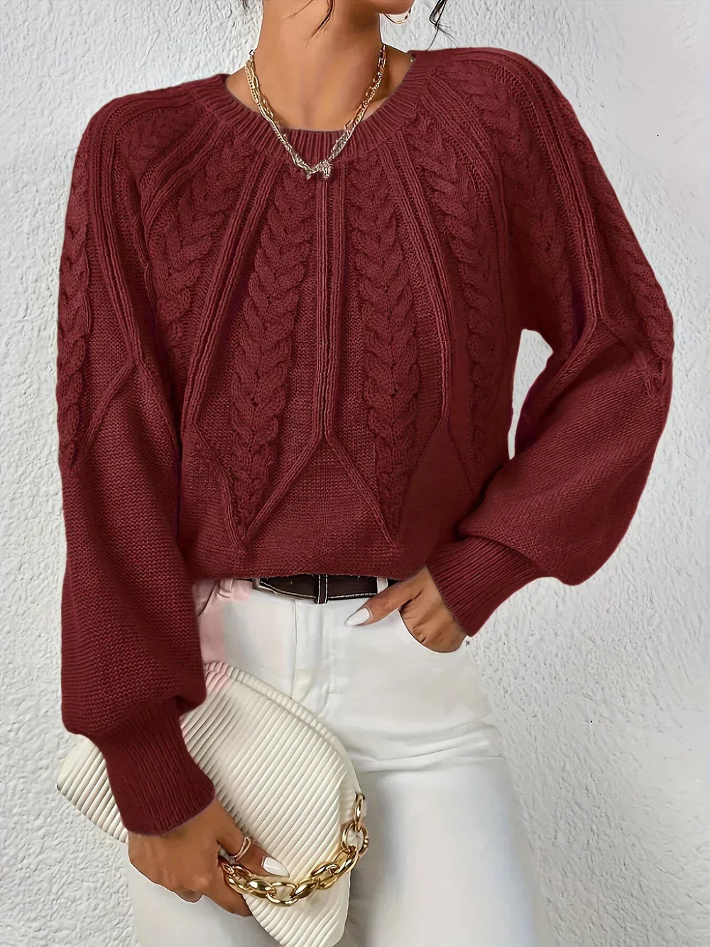 Christine Brewer Naomi classic timeless sweater, soft knit with a crew neckline and long sleeves, in a neutral color.