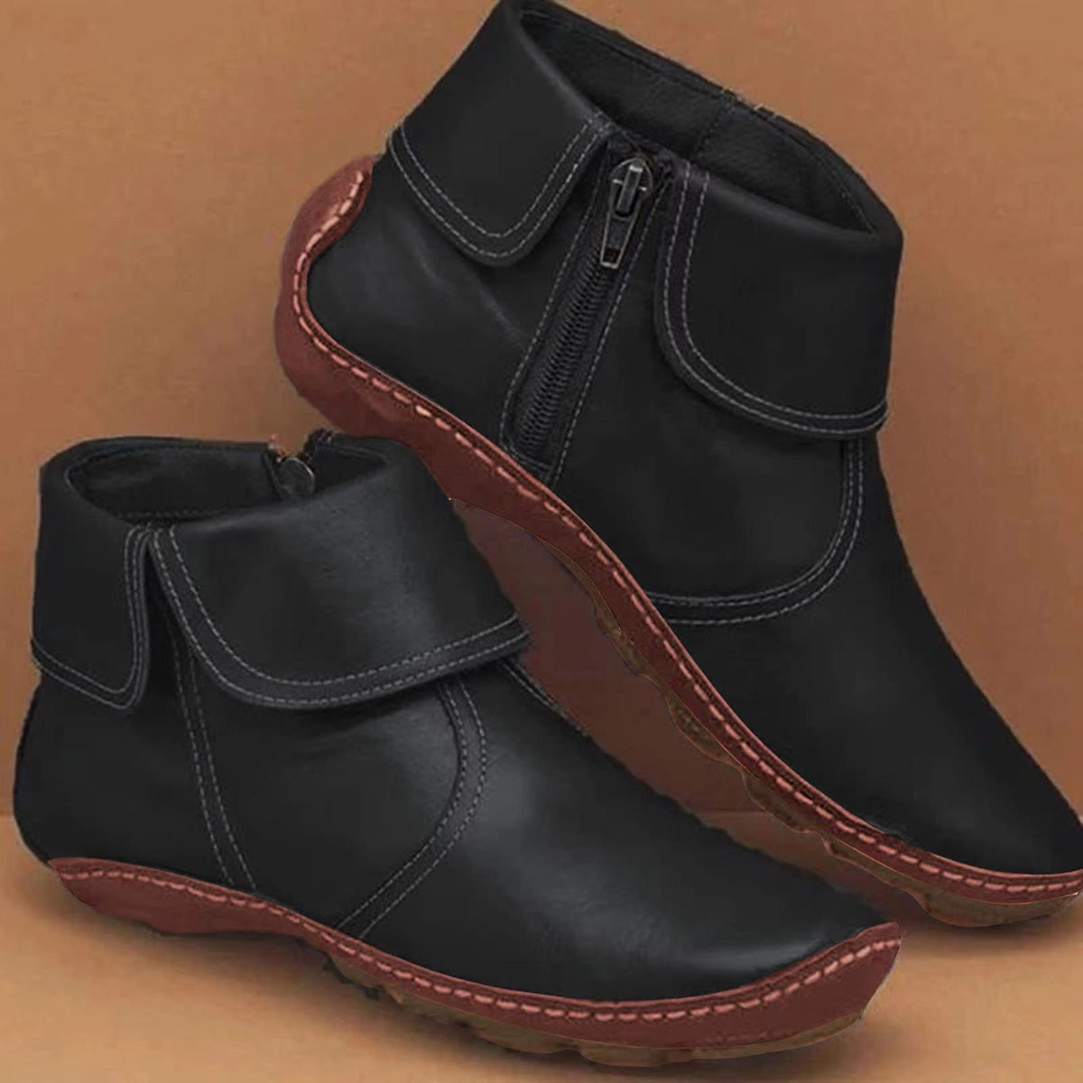Isabella1 | Ankle Boots, Women, Buckle Strap, Casual, Fall, Winter, Booties, Warm, Cold Weather, Flat