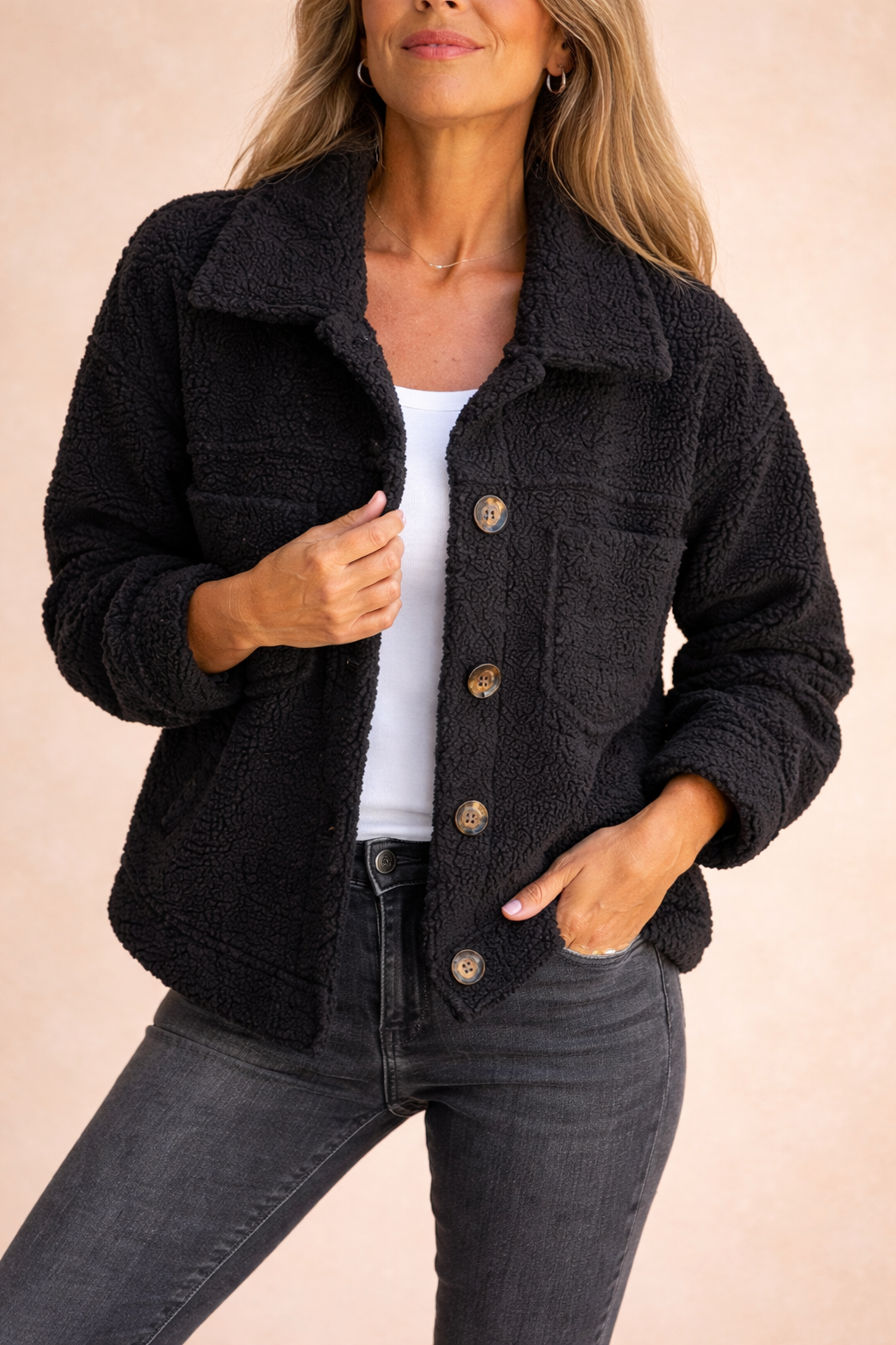 Women’s Naomi everyday jacket by Christine Brewer, lightweight coat with a stylish fit, shown on a model.
