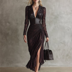 Red faux leather maxi dress by Christine Brewer, elegant evening dress with a flowing silhouette and stylish design.