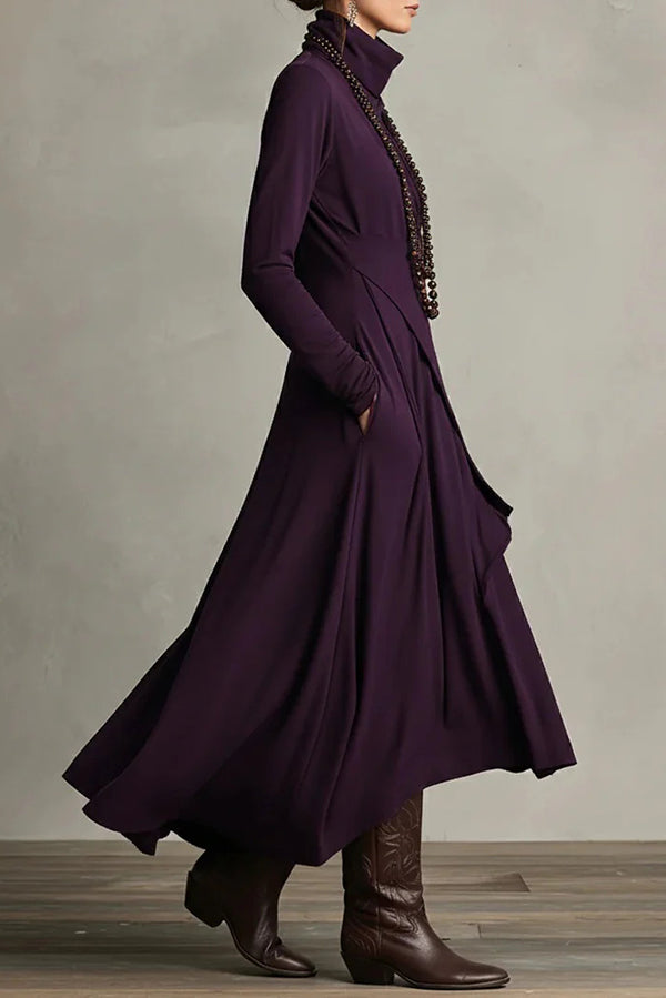 Christine Brewer solid color high-neck long-sleeved irregular casual maxi dress displayed on a model.