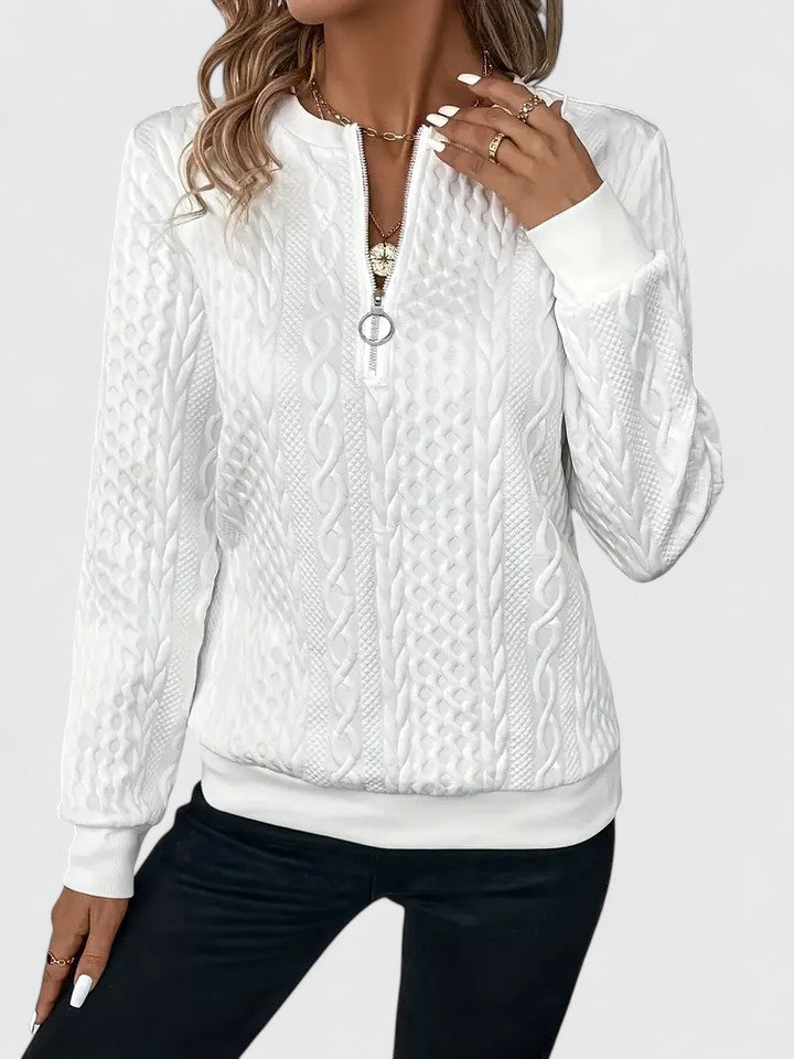 Women’s knit sweater by Christine Brewer, Natalie style, featuring a cozy, textured knit fabric in neutral tones.
