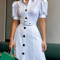 White maxi dress with puff short sleeves, belted waist, button details, and lapel collar by Christine Brewer.