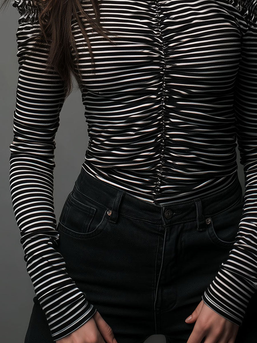 Black striped high neck cold-shoulder ruched top T-shirt by Christine Brewer showing the stylish design and fabric details