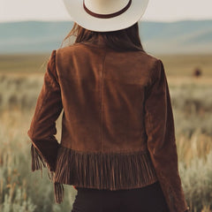 Brown suede Western tassel zip-up jacket by Christine Brewer, featuring fringe tassels and a stylish Western-inspired design.